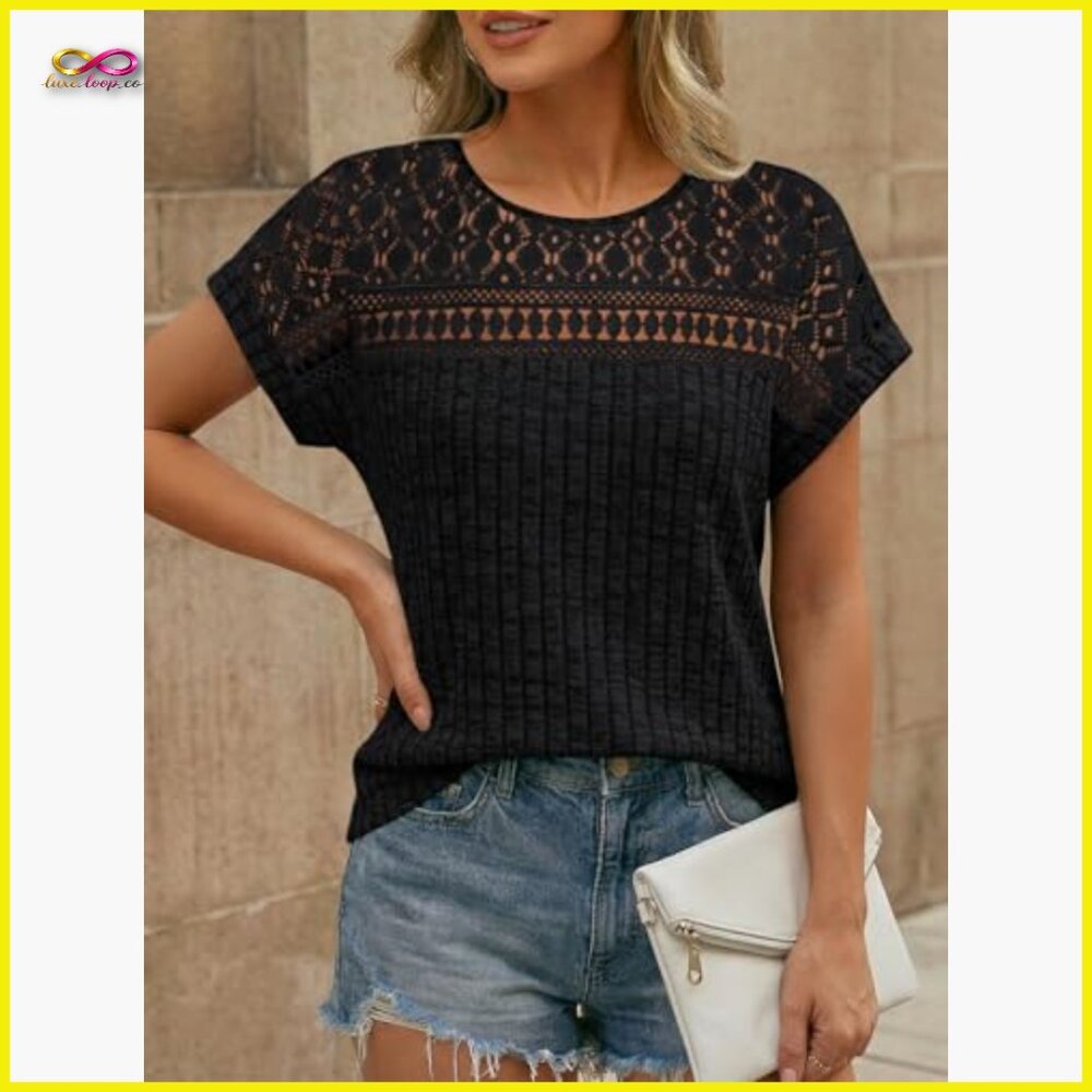 Lace Trim Tunic Top Loose Fit Short Sleeve Elegant Business Casual Spring Summer - Picture 2 of 6